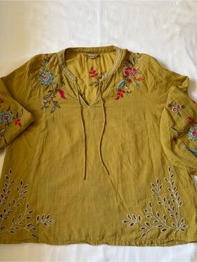 Johnny Was Workshop Gold Embroidered Tie-Neck Shirt